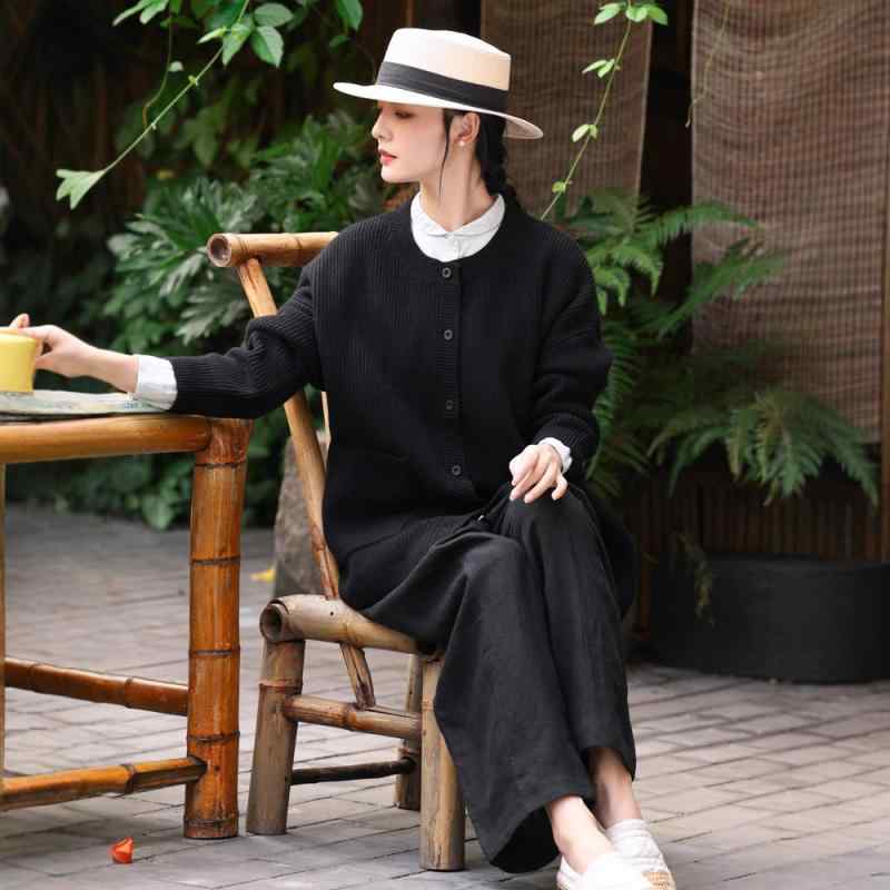カーディガン レディース 秋冬 ウール混 ニット トップス 厚手 丸首 長袖 羽織り アウター ルーズ ゆったり レトロ カジュアル 無地 ブラック｜Hanbok Home