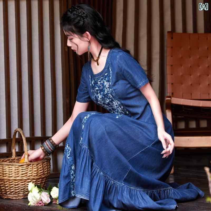 ワンピース レディース デニム 刺繍 ロング丈 半袖 ゆったり プラスサイズ ティアードスカート ラウンドネック ポケット付き 春夏 コットン レトロカジュアル 体型カバー デイリーユース｜Hanbok Home