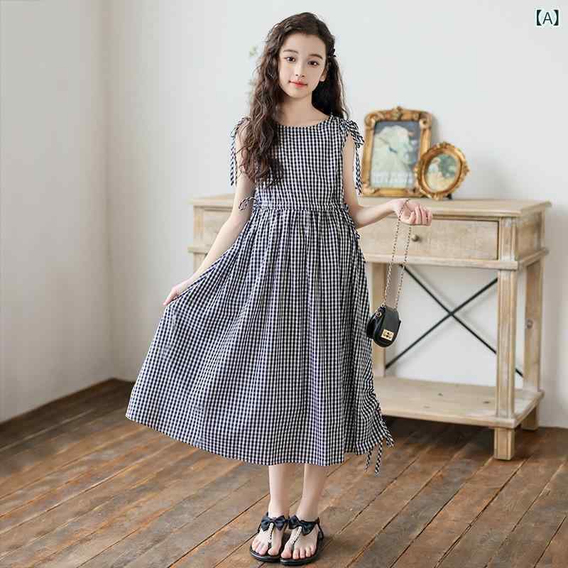 ワンピース 女の子 子供服 夏 韓国風 キッズ ジュニア ドローストリング ウエストマーク チェック柄 コットン 綿混 Aライン リゾート レジャー お出かけ 黒白 モノトーン