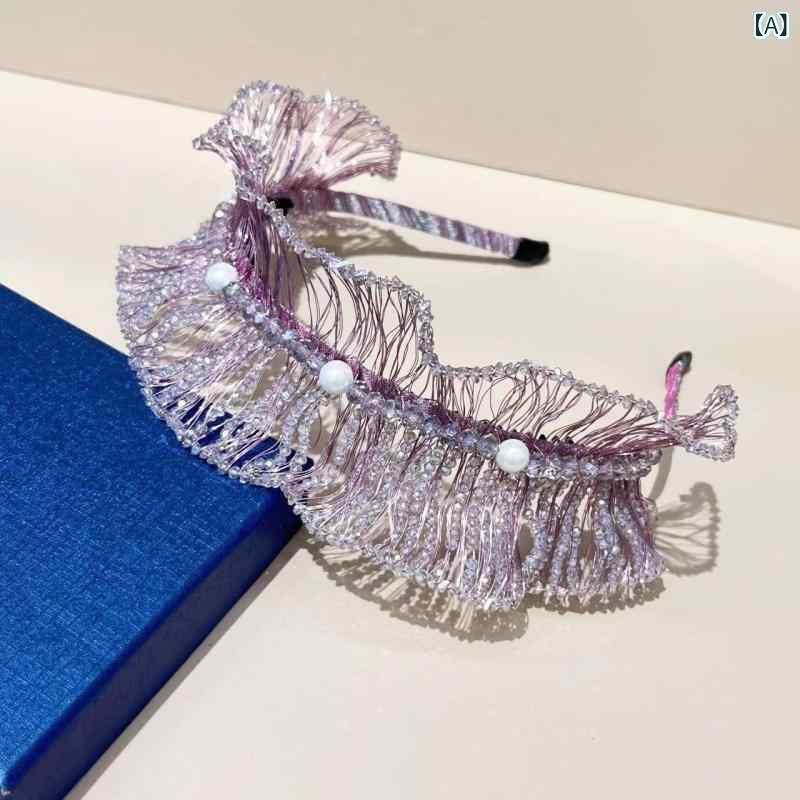 カチューシャ レディース 上品 高級感 ハンドメイド ウェーブ 立体 クリスタルストーン 銅線 個性的デザイン パープル ブルー 春夏