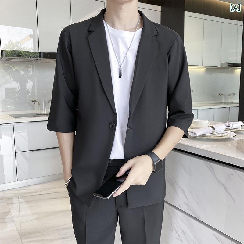 スーツ メンズ 男性用 春夏 薄手 七分袖 セットアップ ゆったり テーラードジャケット ルーズフィット きれいめ カジュアル オフィス ビジネス デイリーユース 韓国風 2点セット