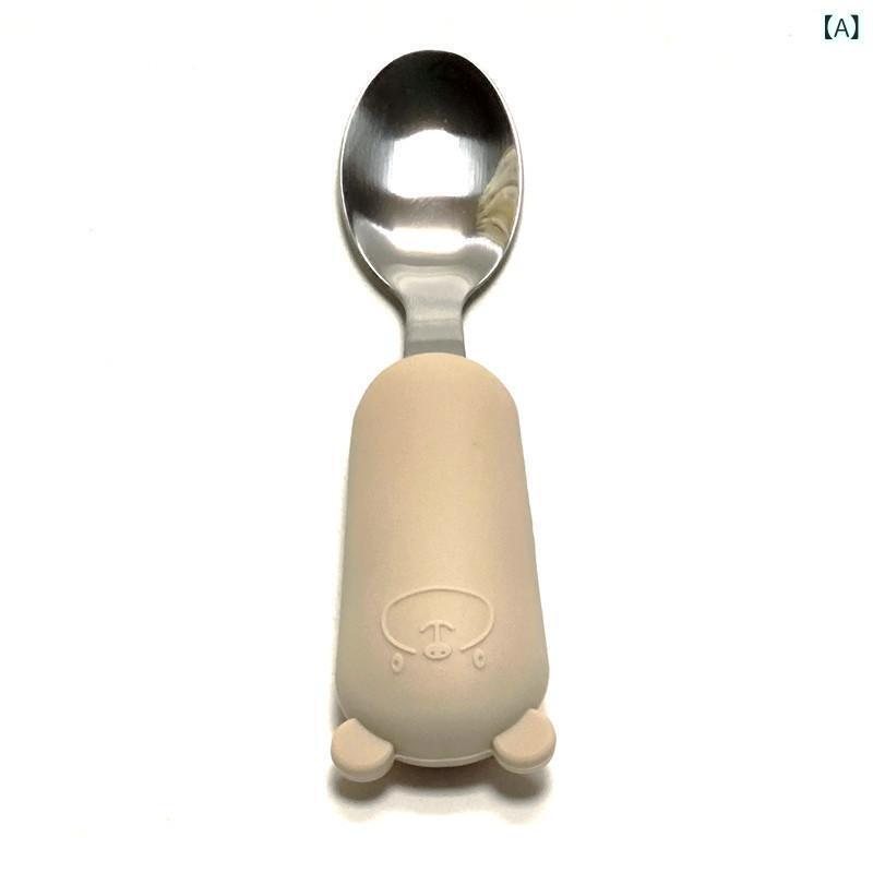 ベビー食器 ベビー 子供用 離乳食 トレーニング 練習用 落下防止 シリコン ステンレス 短柄 スプーン フォーク クマ柄 かわいい カトラリーセット｜Hanbok Home