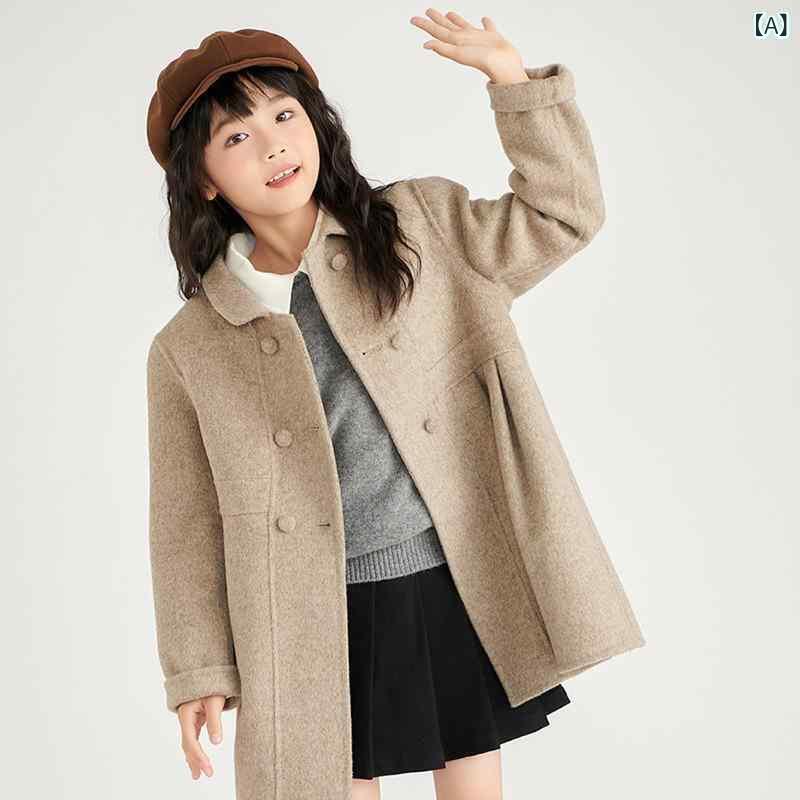 厚地の外套 キッズ 御姉さん 赤ちゃん服 御嬢さん 秋冬 羊毛 メルトン ダブル名取り草 P厚地の外套風 丸襟 真っただ中丈 朦々たる 防寒 生あたたかい 心地よい 今めかしい 雅びやか 無地
