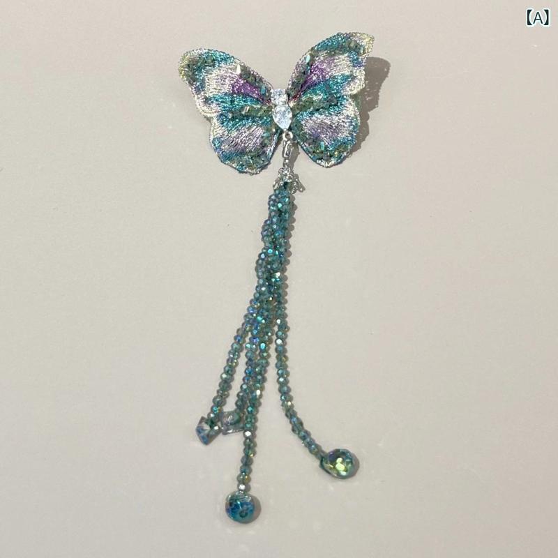 ヘアアクセサリー レディース 蝶々 バタフライ ライトラグジュアリー 高級感 刺繍 手作り ハンドメイド クリスタル 水晶 タッセル フリンジ サイドクリップ 前髪留め まとめ髪