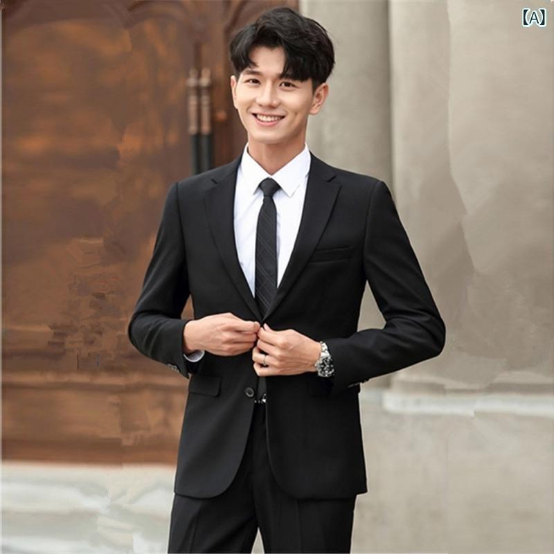 スーツ メンズ 男性用 ブラック 黒 スリムフィット セットアップ カジュアル ビジネス フォーマル 礼服 結婚式 披露宴 新郎 介添人 司会者 テーラードジャケット 春 韓国ファッション ポリエステル