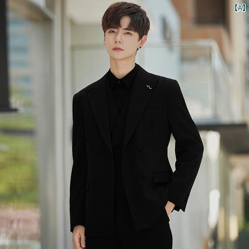 スーツ セットアップ メンズ 韓国風 スリムフィット ジャケット テーラードジャケット 新郎 結婚式 礼服 ビジネス フォーマル カジュアル 普段使い 通勤 シワになりにくい ウール混 ポリエステル混紡 春秋