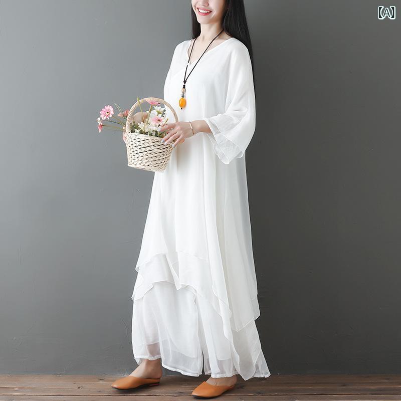 スカートセット レディース 禅舞 中国風 禅意茶服 ゆったり ビッグサイズ 長袖 ミドル丈 綿混紡 リラックスウェア 快適 カジュアル 秋 ホワイト レッド