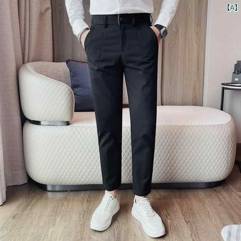 スラックス メンズ 秋冬 ウエストゴム スリムフィット カジュアル ビジネス ボトムス スーツパンツ 通勤 オフィス 普段使い ポリエステル 微ストレッチ ストレート ブラック グレー