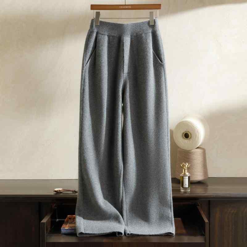 カジュアルパンツ レディース 女性用 秋冬 カシミヤ ニット ハイウエスト ワイド ガウチョ ストレート ゆったり ドレープ 落ち感 厚手 通勤 普段使い グレー ブラック キャメル ベージュ|Hanbok Home
