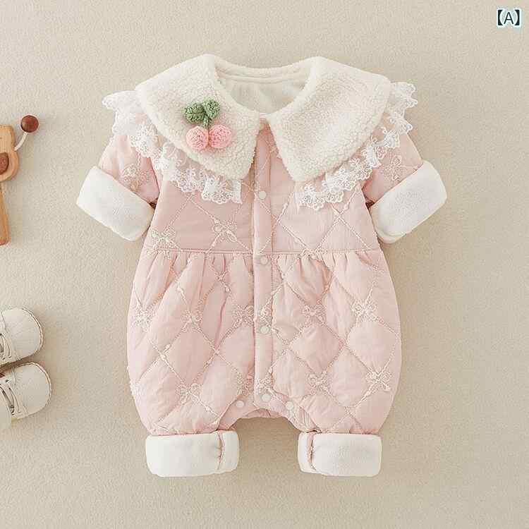ロンパース 女の子 ベビー 女児 小花柄 かわいい 裏起毛 中綿入り 防寒 保温 厚手 ポリエステル プリンセススタイル お出かけ着 外出服 シングルボタン ピンク 乳幼児 1歳 誕生日 満月祝い 秋冬