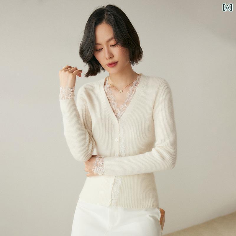 カーディガン レディース 女性用 Vネック カシミヤ ニット リブ レース縁 長袖 ゆったり 厚手 暖か 細見え 着回し抜群 オフィス カジュアル きれいめ 通勤 普段使い エレガント 秋冬｜Hanbok Home