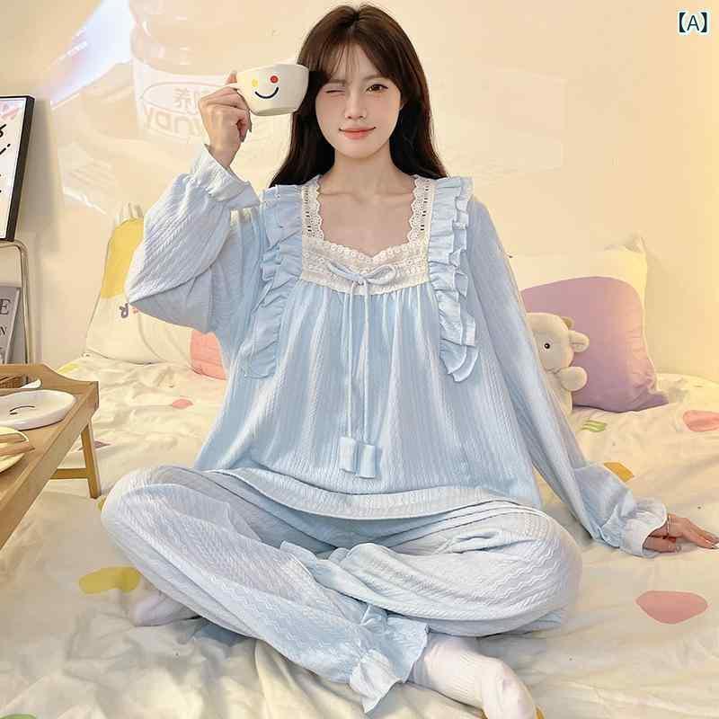 パジャマ レディース カップ付き 長袖 ロングパンツ ルームウェア セットアップ 春秋 綿混紡 ニット 薄手 スクエアネック 宮廷風 エレガント リラックス 快適