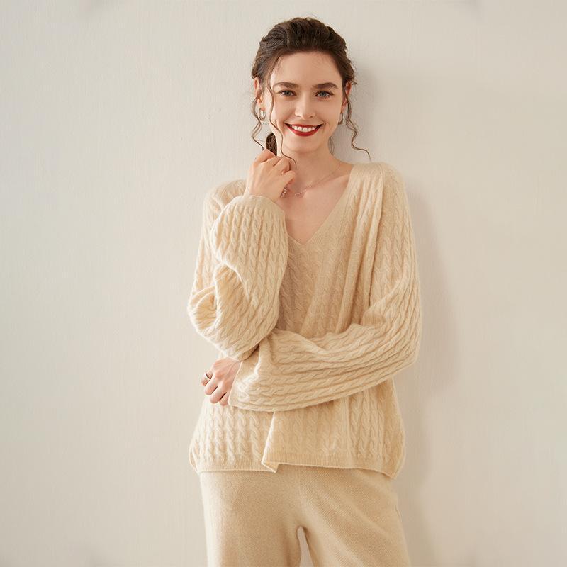 ニット レディース ワイドVネック カシミヤ カシミア ケーブル編み アランニット プルオーバー セーター シンプル 無地 ゆったり ルーズフィット 暖かい 肌触り 高級感 トップス 秋冬 普段使い｜Hanbok Home