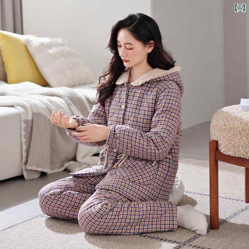 パジャマ レディース 女性用 ルームウェア セットアップ 上下セット 開襟 襟付き 長袖 長ズボン 極厚 中綿入り 三層構造 保温 あったか フランネル サンゴマイヤー 綿 コットン 部屋着 おうち時間 ホームウェア 秋冬 快適
