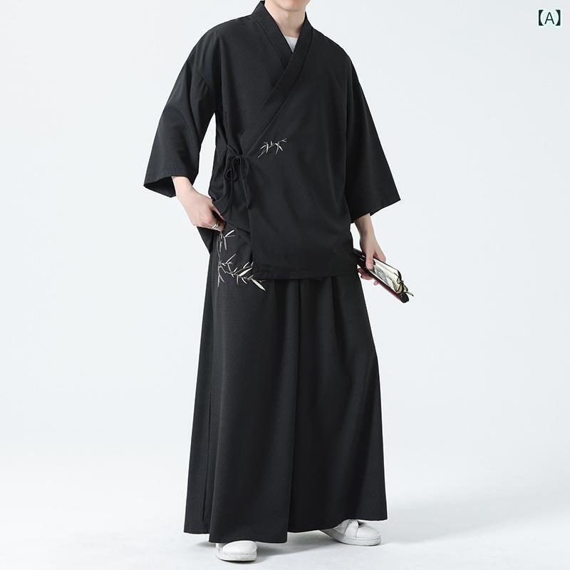 漢服 メンズ 男性用 秋 中国風 禅意 接触冷感 七分袖 ゆったり ルーズフィット 大きいサイズ ビッグサイズ セットアップ 上下セット 道服 居士服 作務衣 カジュアル 普段着 リラックスウェア ポリエステル ブラック 生成り 6,163円