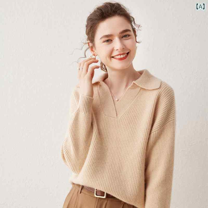 ニット レディース ポロ襟 カシミヤ プルオーバー セーター 長袖 厚手 ゆったり オーバーサイズ トップス 抜け感 大人カジュアル 通勤 秋冬 ブルー系 パープル系 グレー