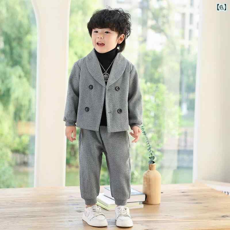 スーツ 男の子 キッズ ボーイズ 子供 セットアップ 3点セット スリーピース 秋冬 韓国風 ブリティッシュ フォーマル カジュアル おしゃれ かっこいい 長袖 ダブルボタン 厚手 綿 コットン グレー カーキ 発表会 入学式 卒業式 結婚式 七五三