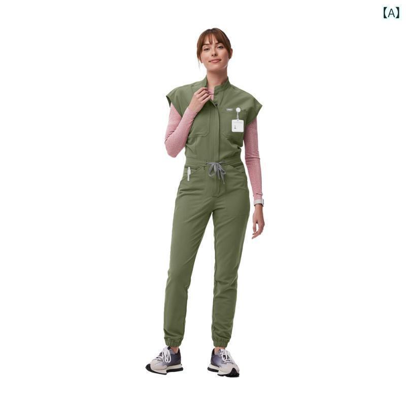 スクラブ レディース 女性用 医療 病院 看護師 ナース服 作業着 ワークウェア オールインワン ドルマンスリーブ 半袖 吸湿速乾 高級感 ポリエステル スパンデックス ロングパンツ ユニフォーム
