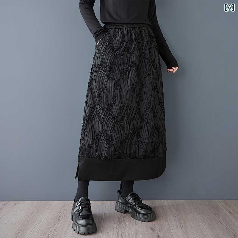 スカート レディース ボトムス 春夏 韓国風 刺繍 ゆったり 大きいサイズ 切り替え デザイン Aライン ミモレ丈 綿 コットン ポリエステル 黒 ブラック カジュアル おしゃれ