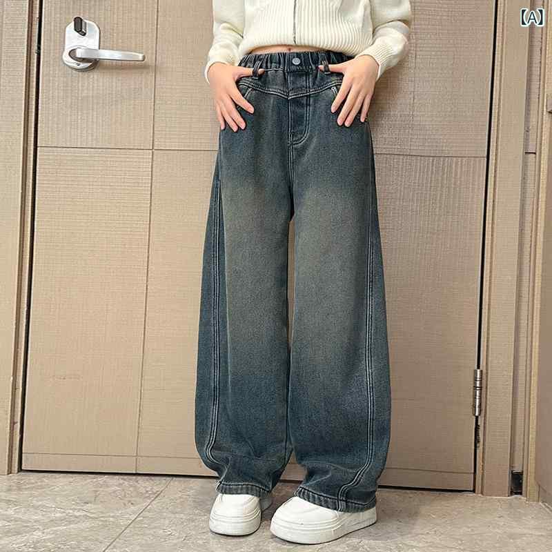 デニムパンツ ジーンズ 女の子 キッズ ジュニア 春夏 ワイドパンツ ガウチョパンツ カーブデザイン レザーパッチ おしゃれ カジュアル アクティブ 普段使い 綿 コットン ソフト フルレングス ブルー ブラック
