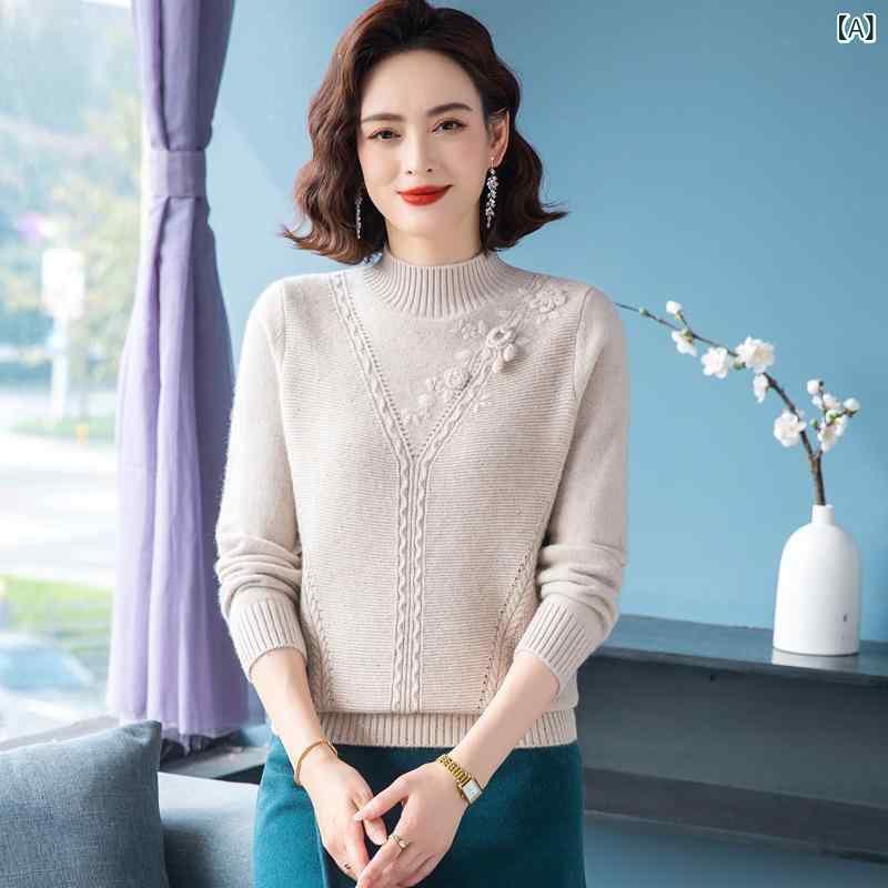ニット 中高年女性 ママ カシミヤウール 厚手 上質 暖かい ハイネック ゆったり ビッグシルエット 体型カバー 花柄刺繍 エレガント 普段使い 秋冬