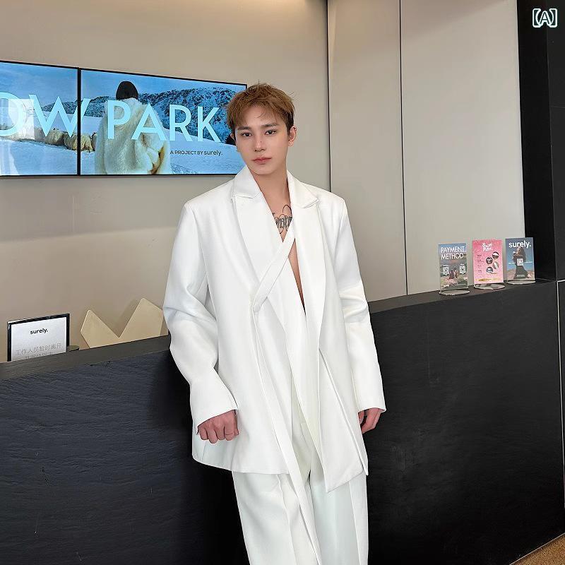 セットアップ 男女兼用 ユニセックス インフルエンサー トレンド カジュアル テーラードジャケット ウエストリボン デザイン 韓国ファッション ゆったり オーバーサイズ ダブルカラー 春夏