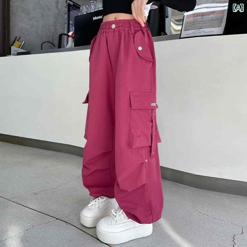 パンツ 女の子 ガールズ ジュニア 中学生 ポケット リボン カーゴパンツ ワークパンツ ワイドパンツ ガウチョパンツ ウエストゴム ミドルウエスト ポリエステル 春秋 韓国ファッション 無地 フルレングス おしゃれ トレンド
