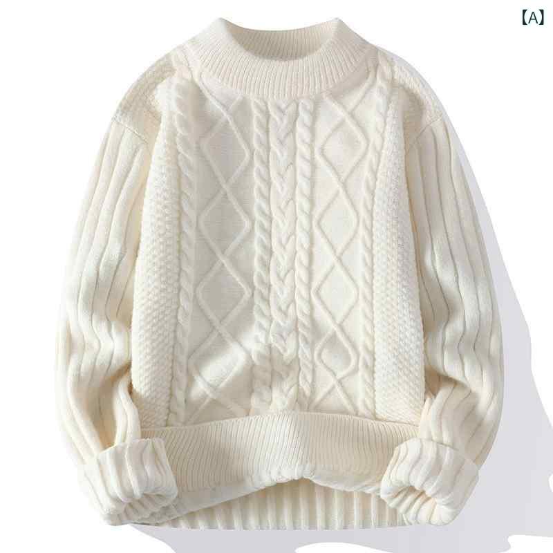 ニット メンズ 男性用 韓国ファッション クルーネック 丸首 ゆったり ルーズフィット 厚手 ひし形編み アーガイル柄 カジュアル 普段使い ポリエステル コットンブレンド 秋冬 ブラック カーキ ブルー オフホワイト