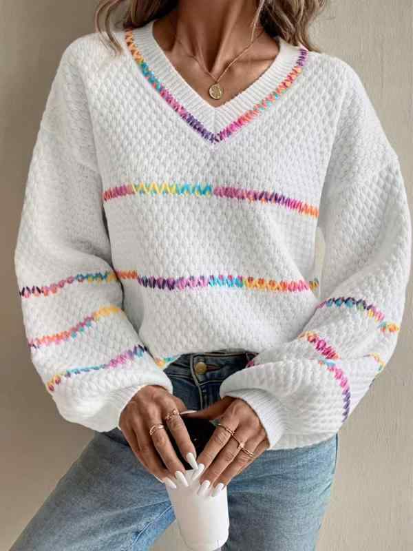 ニット レディース 秋冬 セーター プルオーバー 長袖 Vネック ゆったり ルーズフィット 上品 ポリエステル やわらか素材 配色切り替え ホワイト