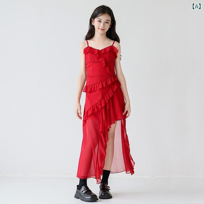 キャミワンピース 女の子 ガールズ キッズ 中大童 春夏 薄手 シフォン ポリエステル ノースリーブ ソフトタッチ アシンメトリー リゾート ビーチ お出かけ 旅行