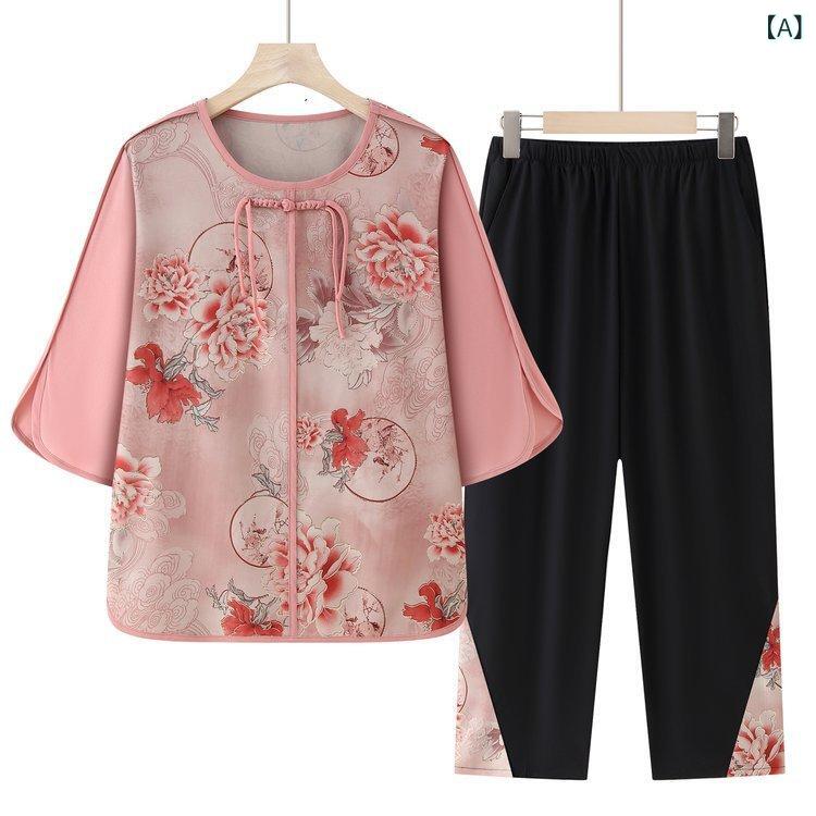 セットアップ レディース ミセス シニア 夏 半袖ブラウス 9分丈パンツ 花柄 シフォン ゆったり 体型カバー 上品 きれいめ 薄手 普段使い ピンク グリーン 中高齢者向け