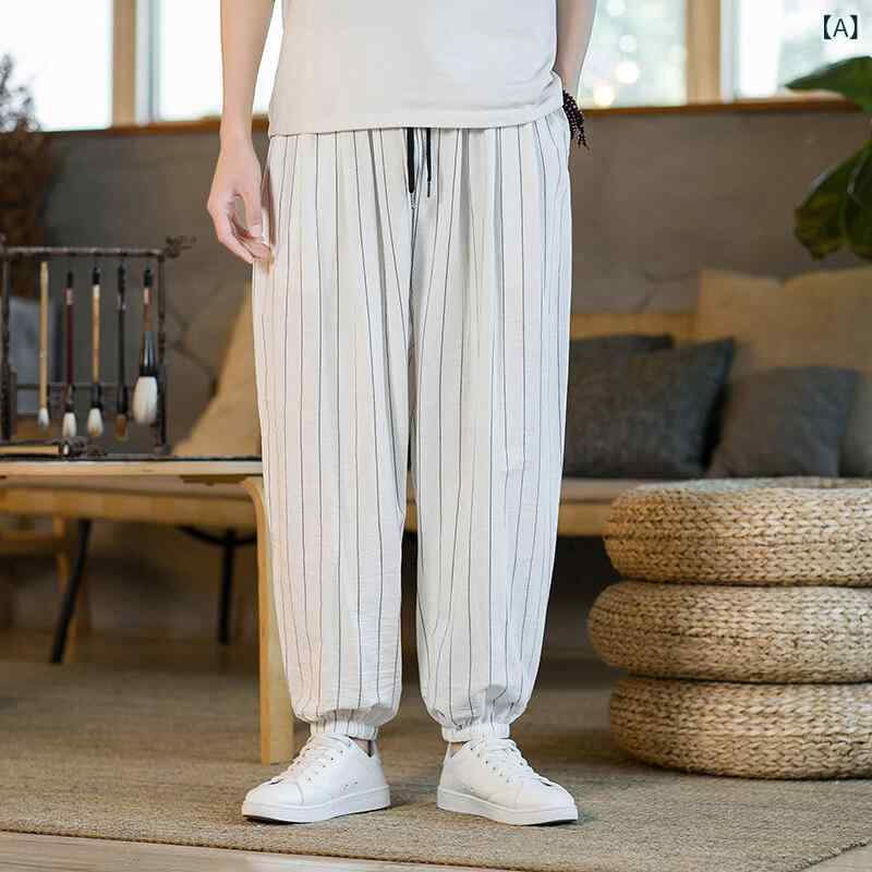 カジュアルパンツ メンズ 男性用 春夏 和風 レトロ ストライプ柄 綿麻混 ゆったり ストレートシルエット 9分丈 ジョガー 裾絞り 薄手 通気性抜群 普段使い リラックスウェア ウエストドロスト リブ切り替え