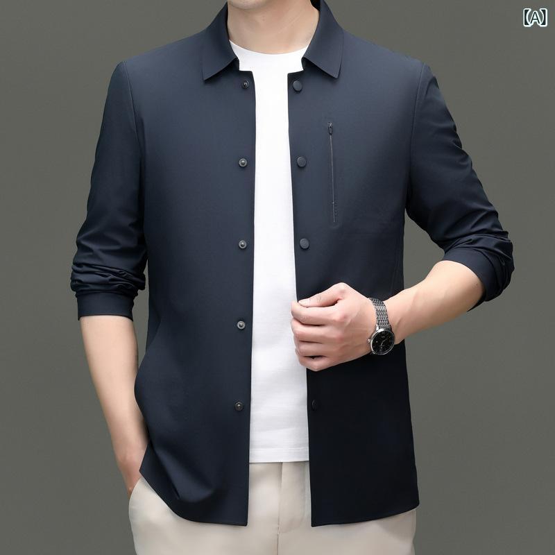 上衣 メンズ 中年 商行為 心地よい 薄っぺら 濫りがわしい ラペル色つや 長袖 無地 青碧 歳月 通気性 耐摩耗 ナイロン ポリエステル 混紡 アウター 普段使い走り 編み目 側縫隠し