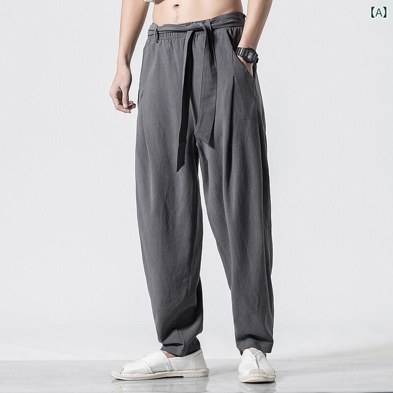 パンツ メンズ 男性用 春夏 中国風 ゆったり ルーズフィット ビッグサイズ 麻綿混 ハロンパンツ ストレート ロングパンツ カジュアル 普段使い リラックス 薄手