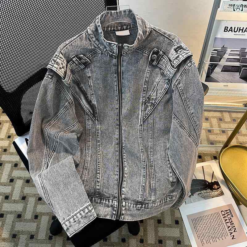 ジャケット メンズ 男性用 デニム Gジャン ライダース アメリカンレトロ アメカジ ウォッシュ加工 切り替え ルーズシルエット ストリート カジュアル 春秋 コットンブレンド グレー アウター