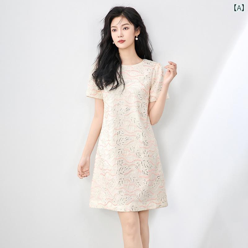 ワンピース レディース エレガント 上品 気品 フレンチスタイル 通勤 オフィス 金線 スパンコール 刺繍 ジャガード織り 花柄 Aライン ミドル丈 フレアスカート クルーネック 半袖 ポリエステル 夏 ピンク パープル