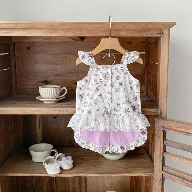 ベビー服 女の子 夏 レース小花柄 キャミソール ショートパンツ セットアップ 上下セット リゾート バカンス お出かけ 綿 麻 薄手 涼しい