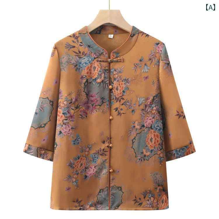 シャツ ミセス シニア 女性 七分袖 春夏 綿混 ブラウス エスニック柄 レトロ調 上品 カジュアルスタイル 普段使い トップス イエロー グリーン ダスティピンク