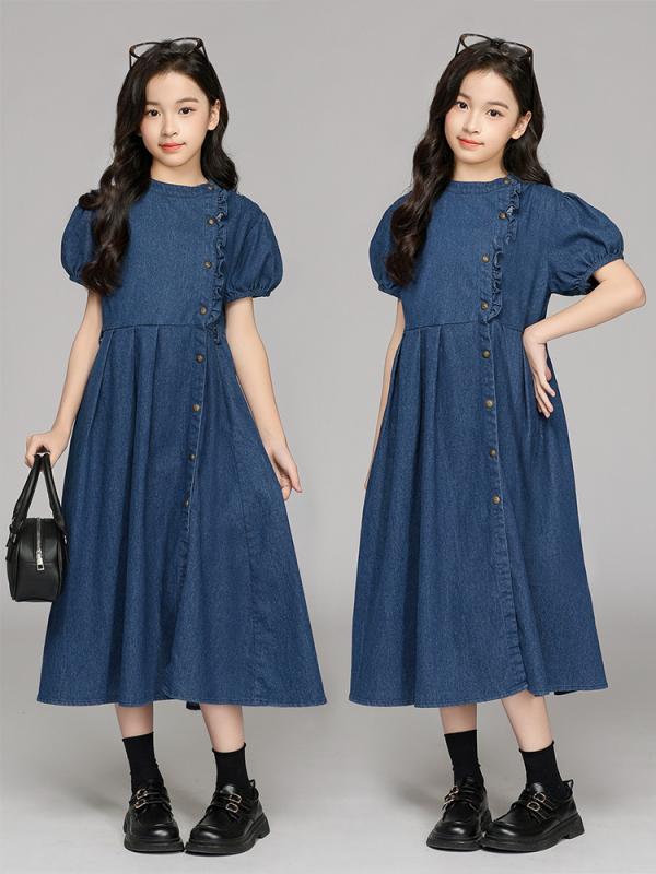 ワンピース キッズ 女の子 ジュニア 春夏 デニム 綿素材 レトロ カジュアル Aライン スナップボタン フロントボタン かわいい おしゃれ 通学 普段使い お出かけ フレア ドレス ブルー