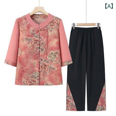 セットアップ レディース ママ ミセス シニア 春夏 花柄 七分袖 シャツ ツーピース ゆったり 薄手 ポリエステル綿混 クロップドパンツ お洒落 体型カバー レッド グリーン パープル