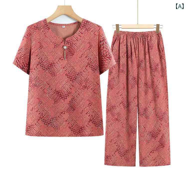 セットアップ レディース シニア 春夏 半袖 Tシャツ トップス 花柄 ポケット付き 九分丈パンツ 綿混 薄手 ゆったり ルーズ 体型カバー カジュアル 普段着 部屋着 レッド グリーン ブルー