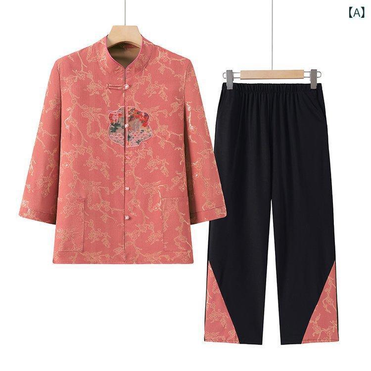 セットアップ レディース シニア 春夏 薄手 ゆったり 体型カバー 綿混 ポリエステル混 ブラウス シャツ 9分丈パンツ ズボン 上下セット 普段使い お出かけ ルームウェア