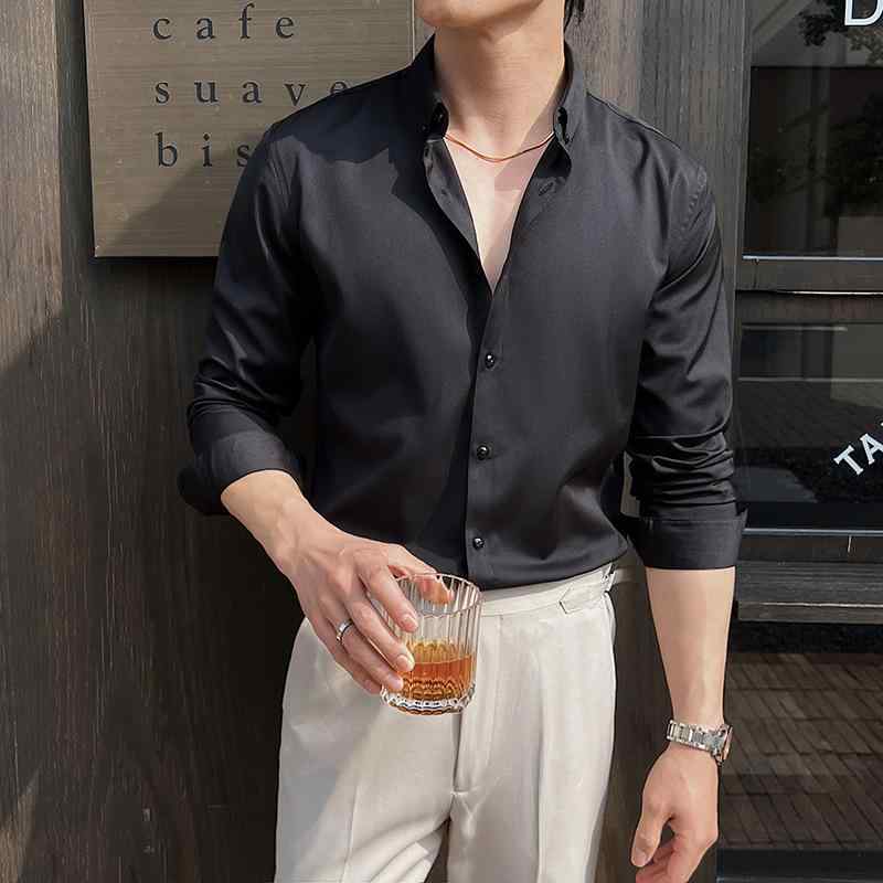 シャツ メンズ 春秋 無地 長袖 レギュラーカラー スリムフィット 細身 ビジネスカジュアル ワークシャツ 普段使い 通勤 形態安定 イージーケア シワになりにくい ポリエステル混紡