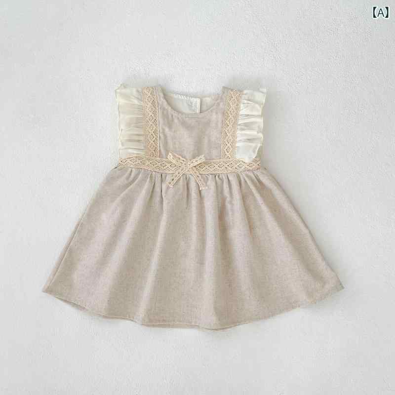 ワンピース ベビー キッズ 女の子 夏物 韓国風 配色切り替え フリル袖 Aライン かわいい プリンセスドレス エレガント 綿麻混紡 アプリコット ベージュ
