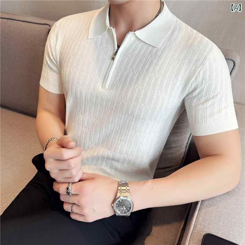 Tシャツ メンズ 半袖 接触冷感 ニット スリムフィット 透かし編み ポロ襟 ストライプ ポリエステル 通気性 大人カジュアル 春夏