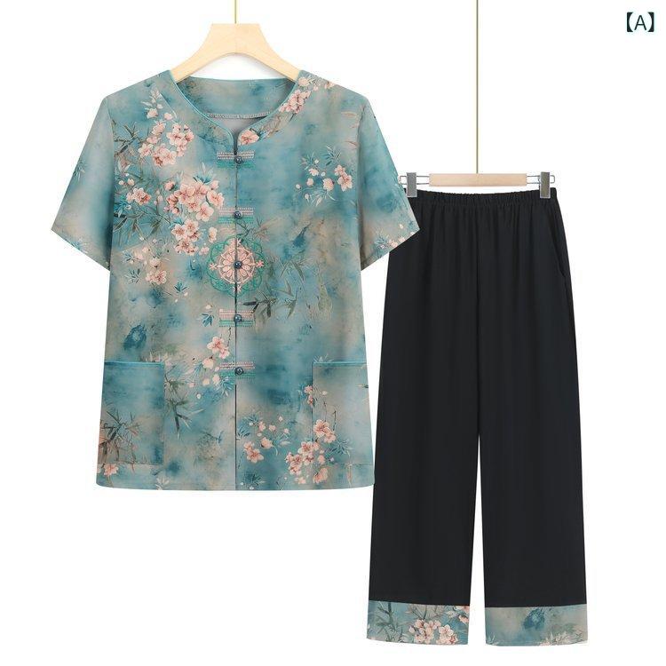 セットアップ レディース ミセス シニア 半袖 ブラウス パンツ 上下セット 花柄 ポケット 夏物 ゆったり 綿混 ポリエステル カジュアル 普段着 リラックスウェア グリーン パープル ブルー