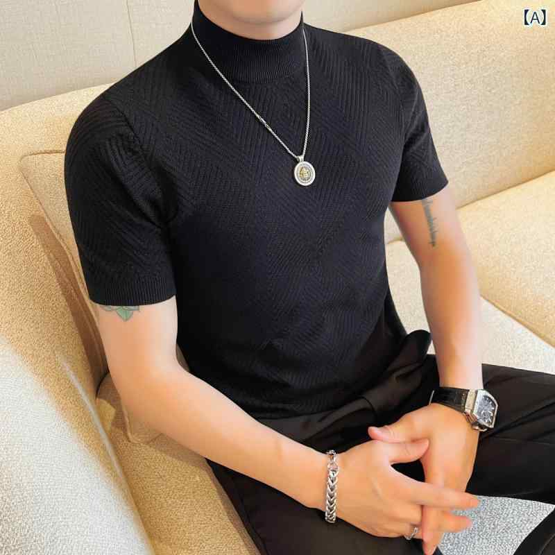 ニット メンズ 春夏 モックネック 半袖 薄手 スリムフィット ストレッチ 韓国風 再生繊維 ストライプ カジュアル デイリーユース ブラック ホワイト レッド カーキ グレー トップス カットソー
