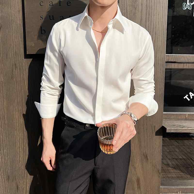 シャツ メンズ 大人男性向け 紳士服 洗練された ビジネス 通勤 カジュアル 普段使い 万能 着回し レトロ ヴィンテージ 無地 長袖 スリムフィット 韓国ファッション 春秋 ポリエステル トップス