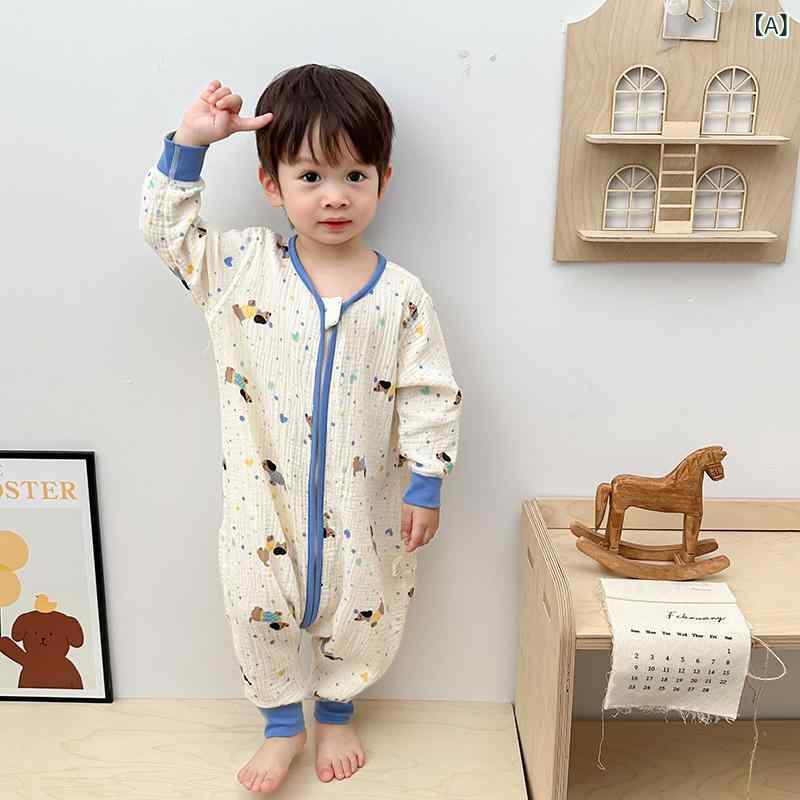 スリーパー ベビー 子供 男女兼用 ガーゼ 綿 コットン 薄手 長袖 通気性 吸湿速乾 快適 ロンパース カバーオール パジャマ 寝巻き 部屋着 春夏秋 キャラクター 動物柄