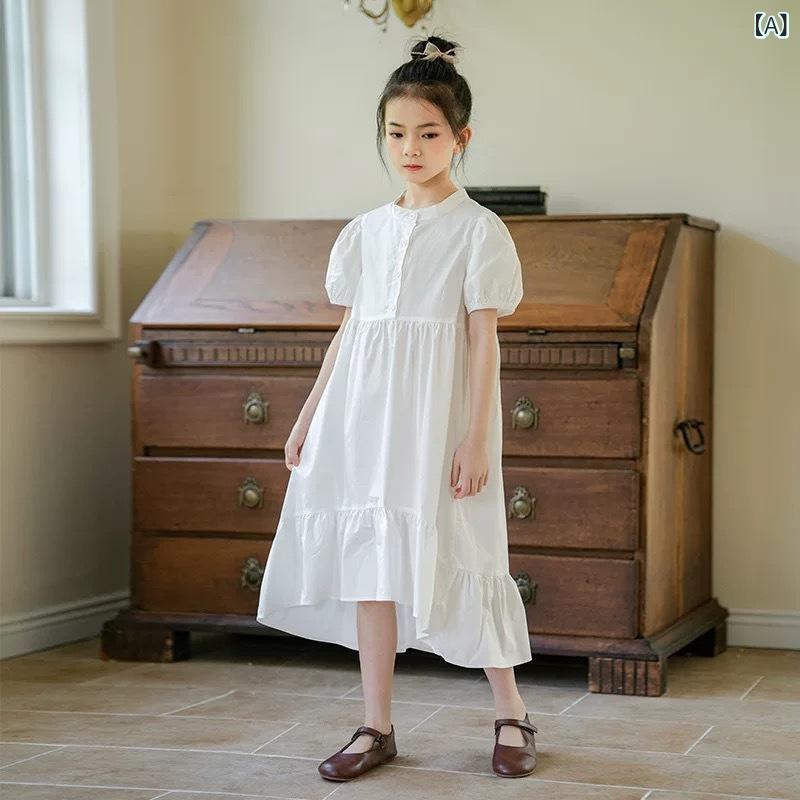 ワンピース 女の子 ガールズ ジュニア 春夏 シャツワンピース ランタンスリーブ パフスリーブ 無地 ティアード おしゃれ かわいい 森ガール風 カジュアル 綿素材 4,612円